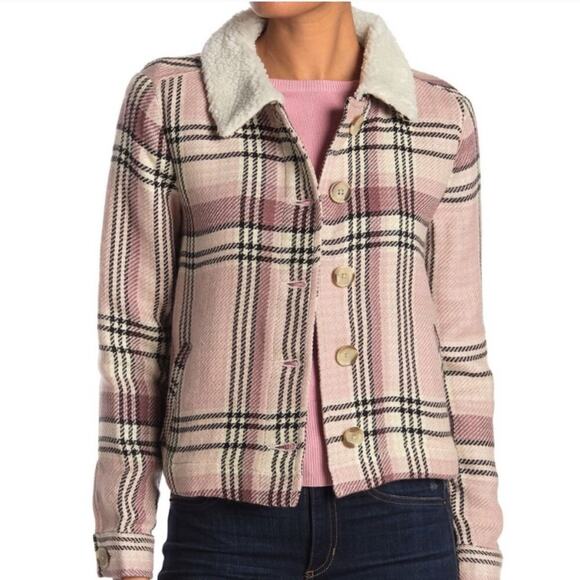 Pink Plaid Faux Shearling Trim Jacket size S NWT Knit Pockets - Picture 9 of 9